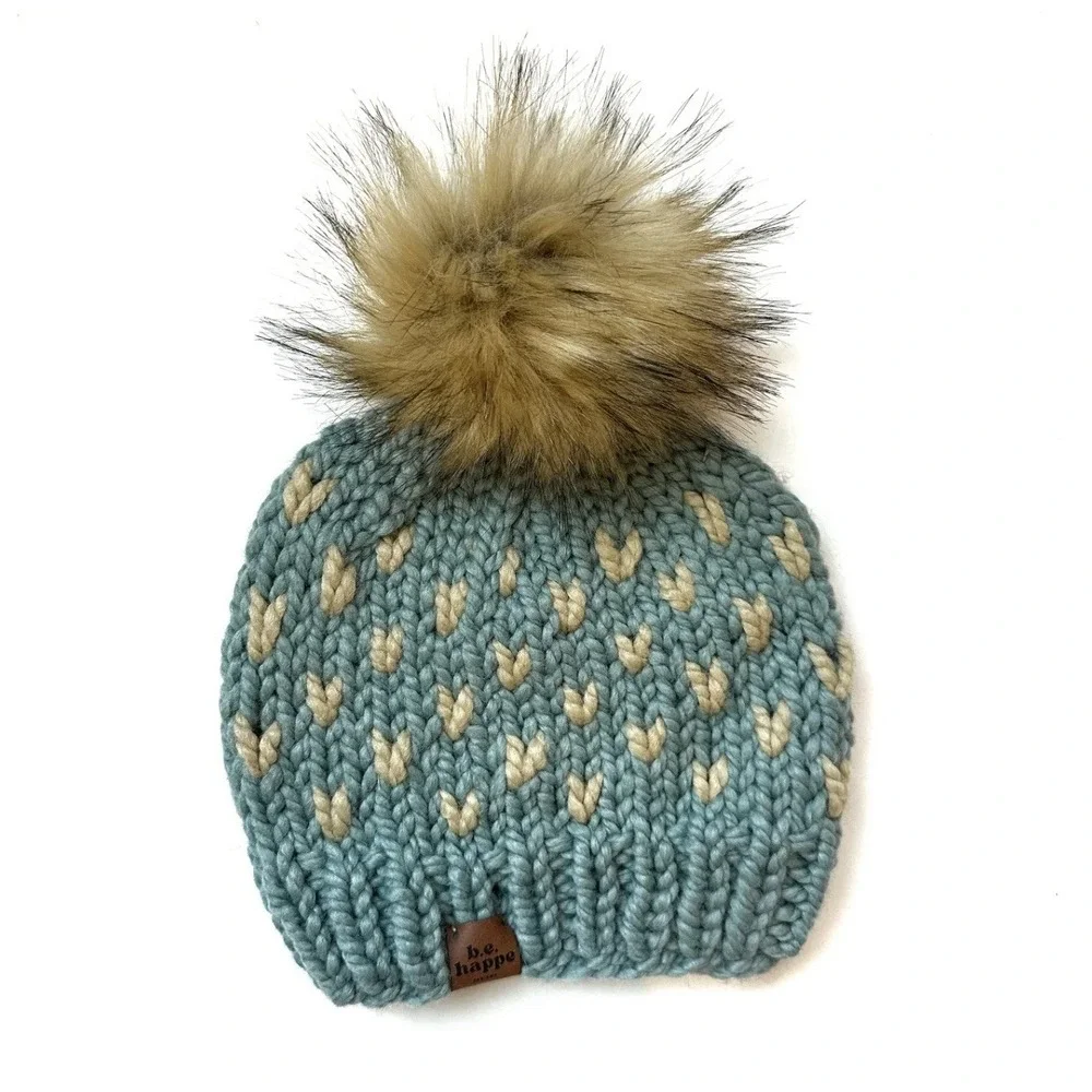 Girls Chunky Cable Knit Hat Faux Fur Pom Pom Winter Warm Soft Heart Beanie Hat